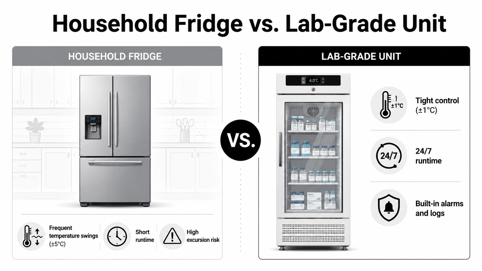 A comparison chart showing differences between a household refrigerator and a specialized lab-grade storage unit.