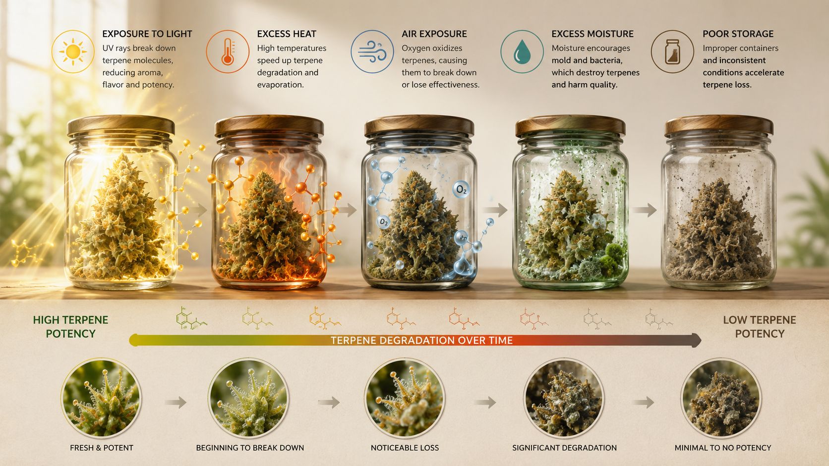A diagram illustrating how light, heat, air, and moisture cause cannabis terpene degradation over time in jars.