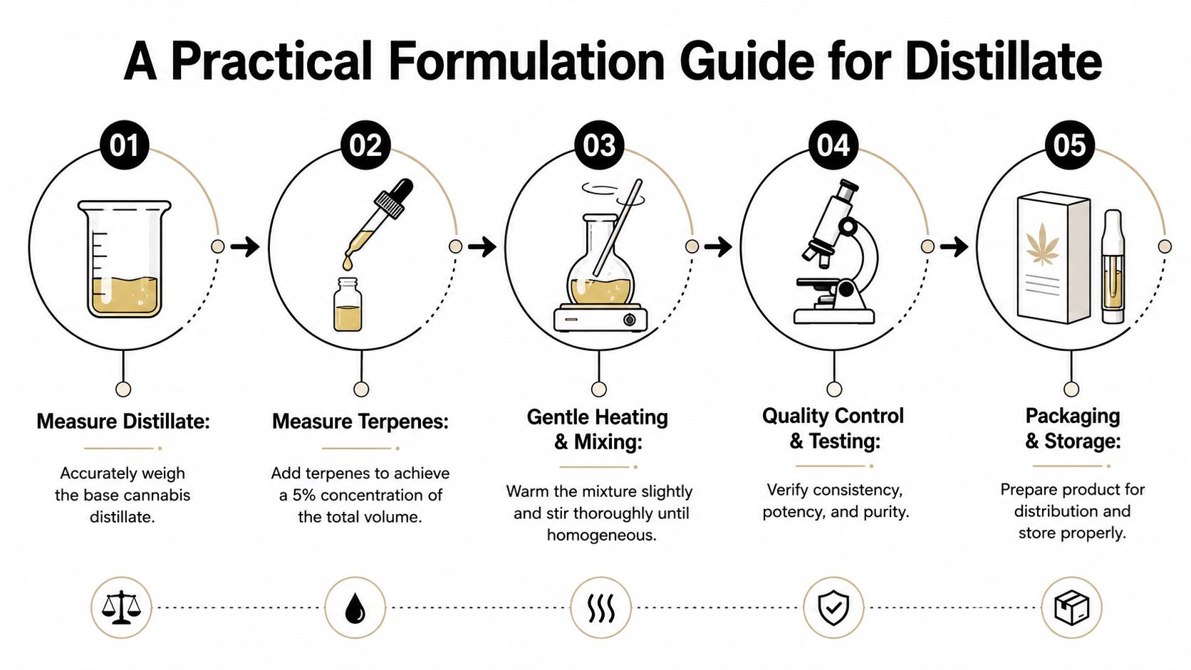 A five-step infographic showing the practical process of formulating cannabis distillate with terpenes, including heating and packaging.