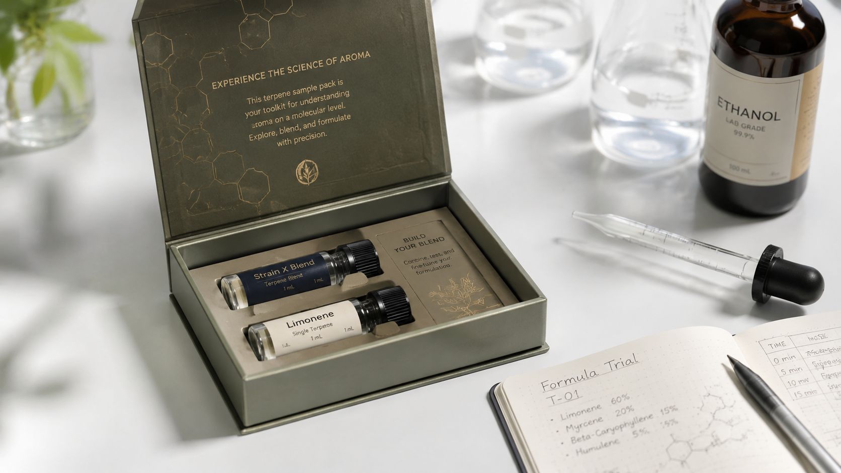 A professional terpene sample pack kit with essential oil vials, ethanol, and a scientific formula notebook.