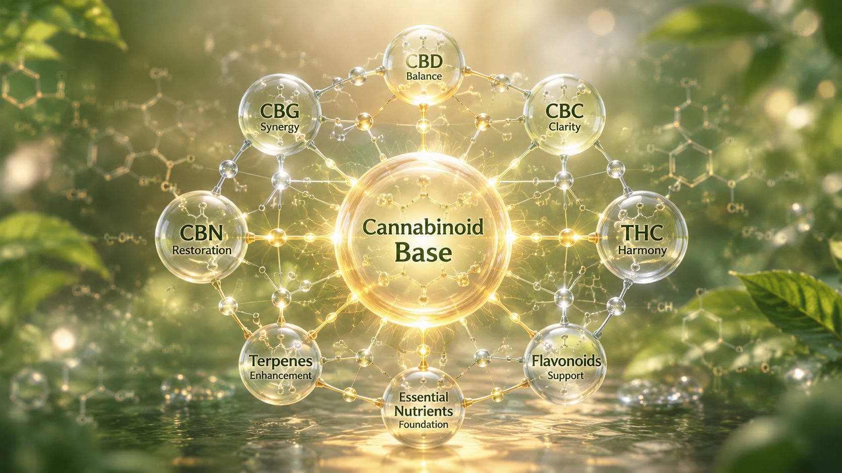 A diagram illustrating the components of a cannabinoid base, including cannabinoids, terpenes, and nutrients in spheres.