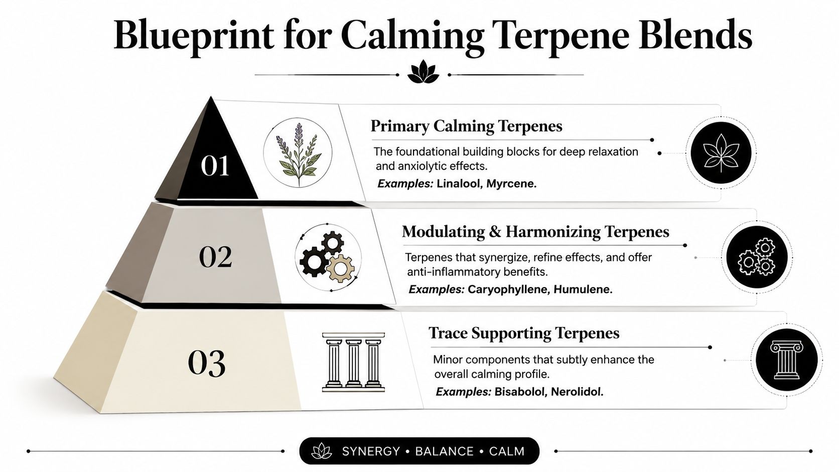A tiered pyramid diagram illustrating a blueprint for calming terpene blends with three levels of ingredients.