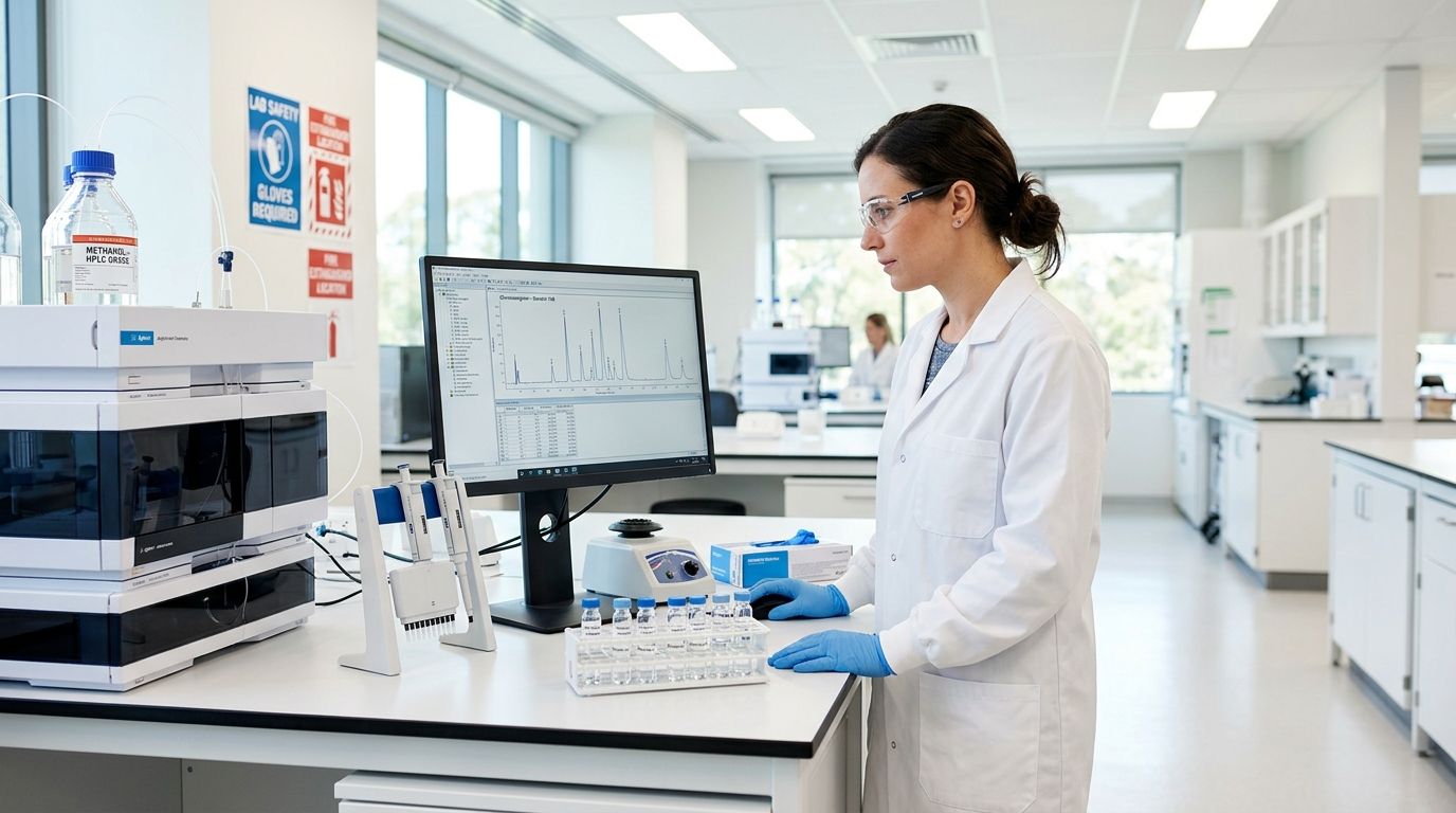 A female scientist in a lab coat analyzing chromatography data on a computer screen in a laboratory setting.