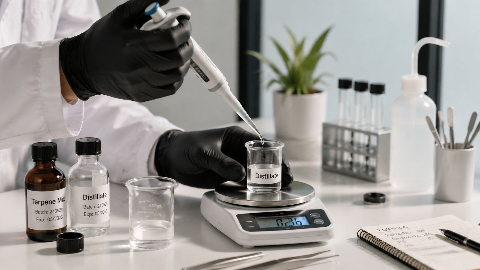 A laboratory scientist in black gloves carefully adds distillate liquid to a beaker on a digital scale.