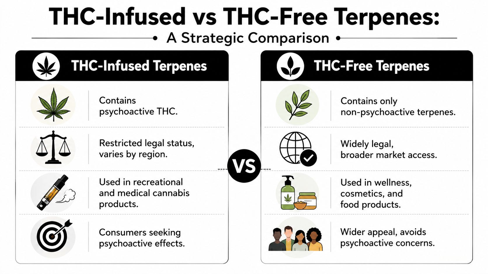 A comparison chart outlining the key differences between THC-infused terpenes and THC-free terpenes for consumer products.