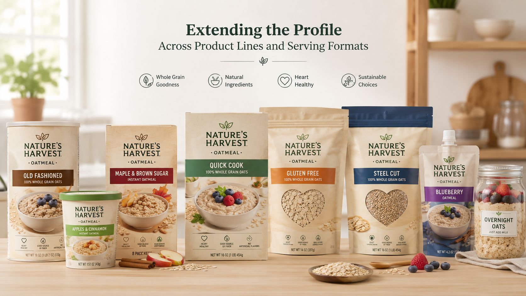 A diverse array of Nature's Harvest oatmeal products arranged on a wooden table in a brightly lit kitchen.