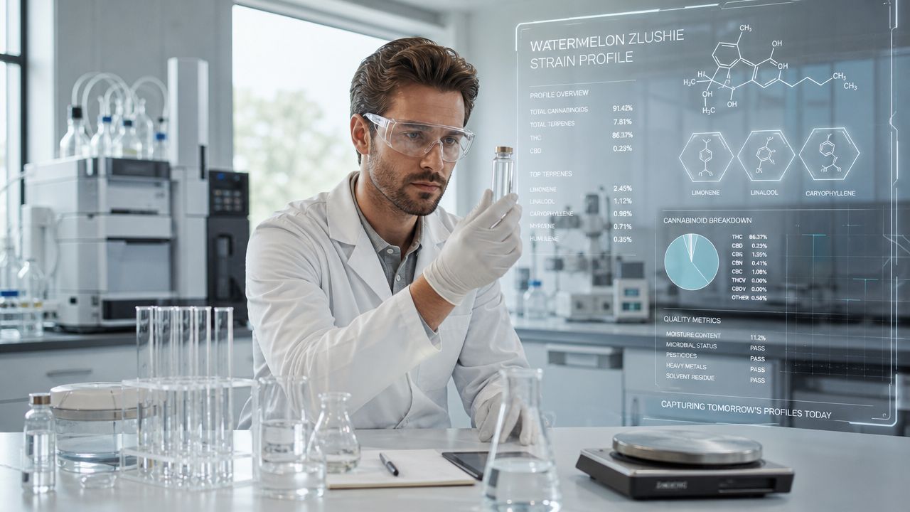 A lab scientist wearing a white coat and goggles examines a clear vial in a modern laboratory.
