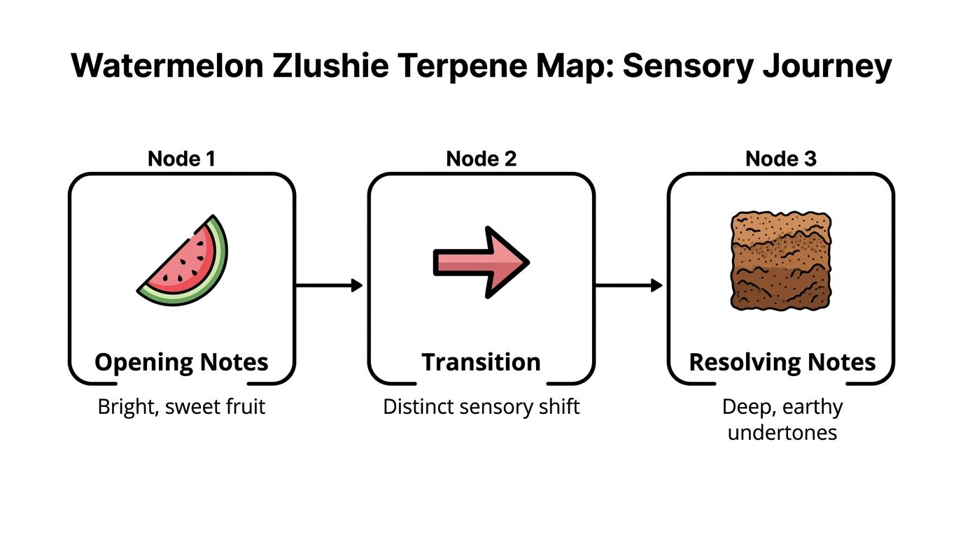 A diagram titled Watermelon Zlushie Terpene Map showing a three-stage sensory journey from fruit to earthy notes.