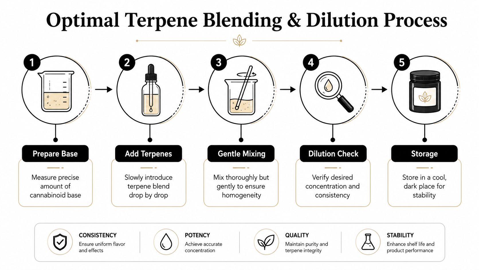 An infographic showing a five-step process for optimal terpene blending and dilution for cannabis products.