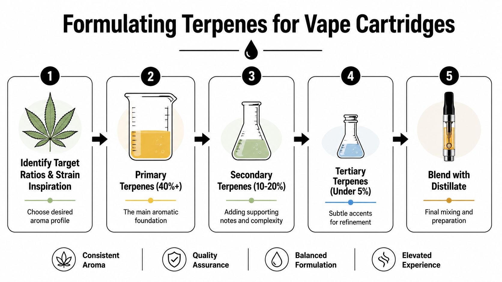 A five-step infographic explaining the process of formulating cannabis terpenes for vape cartridge products.