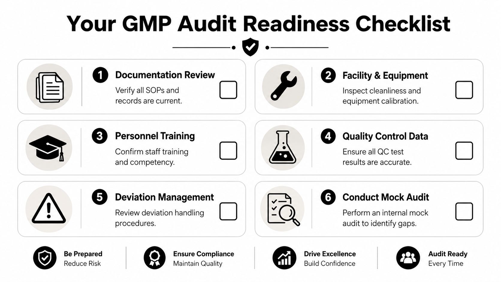 A 6-step GMP audit readiness checklist for quality assurance and facility compliance in pharmaceutical manufacturing.