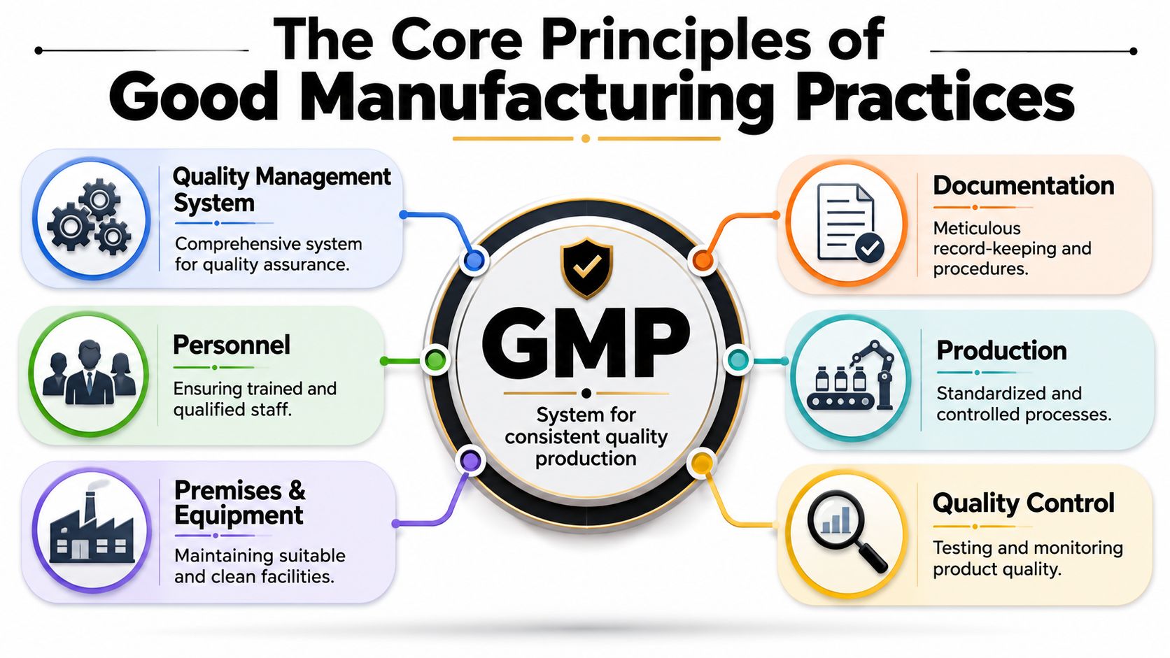 An infographic titled The Core Principles of Good Manufacturing Practices detailing key requirements for consistent quality production.