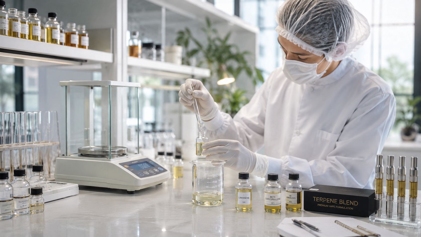 A lab technician in protective gear prepares a terpene blend formulation in a modern scientific laboratory setting.