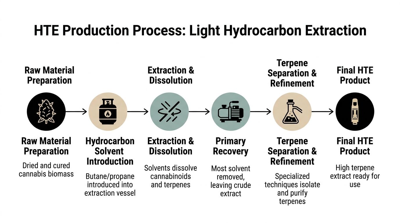 A flowchart diagram illustrating the steps of the High Terpene Extract (HTE) production process using hydrocarbon extraction.