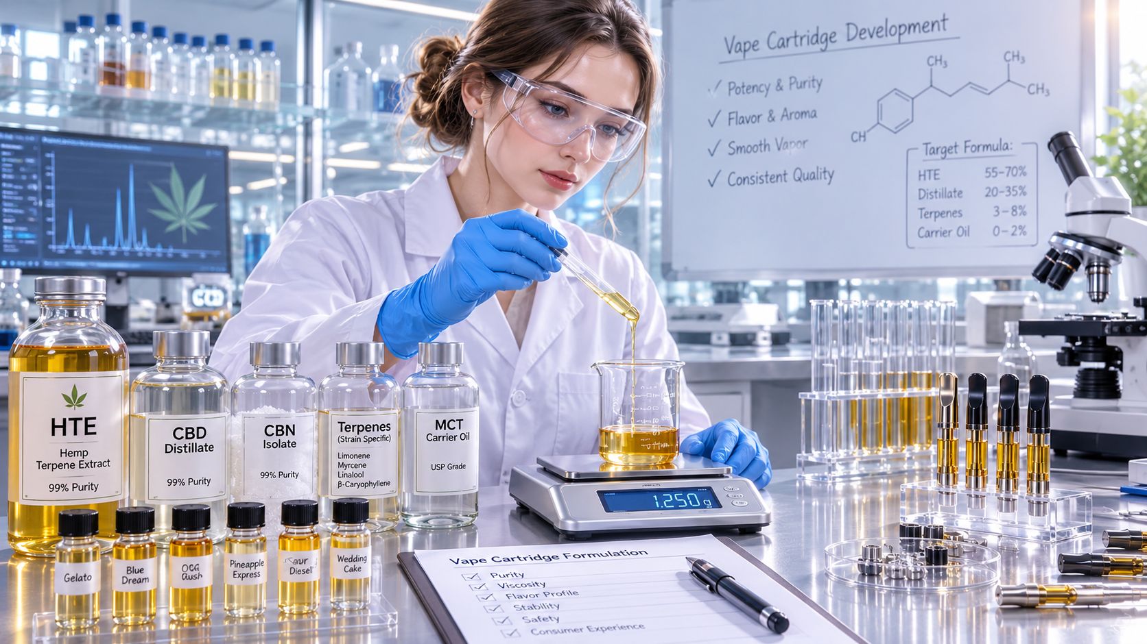 A scientist in a lab coat formulating vape cartridge extracts with various terpene and cannabinoid ingredients.