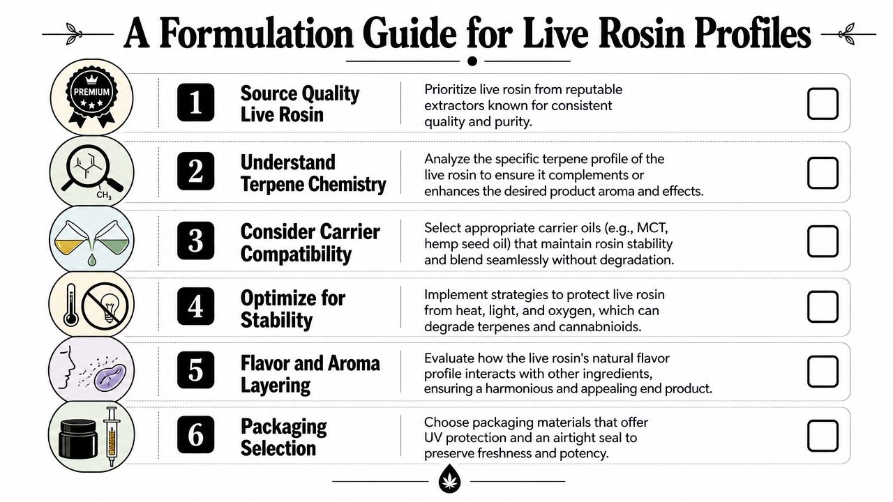 A six-step formulation guide for live rosin profiles, outlining steps from sourcing quality to final packaging selection.