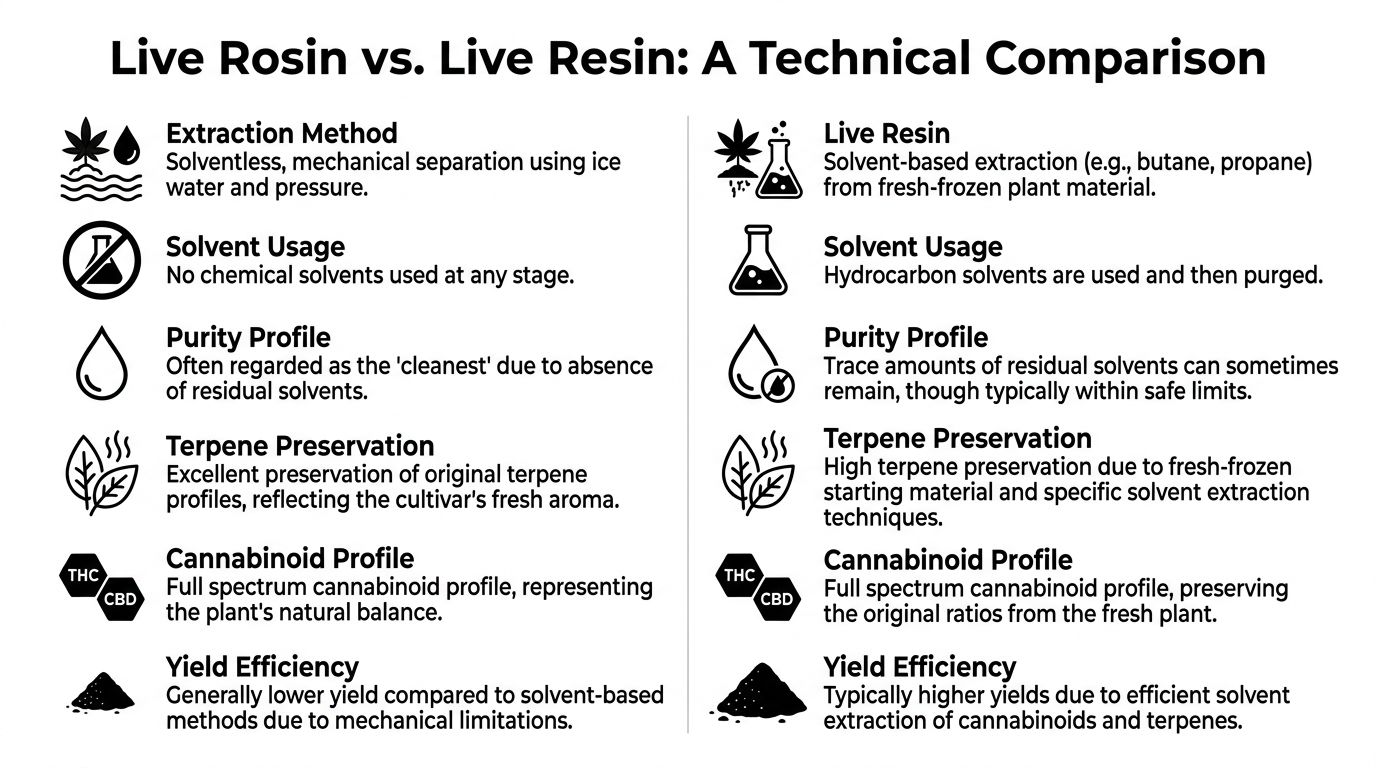 A comparison chart outlining the technical differences between live rosin and live resin extraction methods.