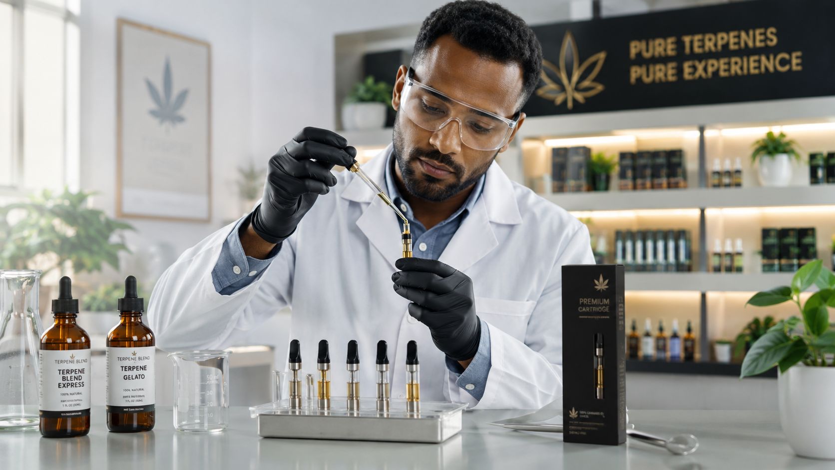 A professional chemist in a laboratory wearing a white coat and gloves, filling a cannabis oil vape cartridge.