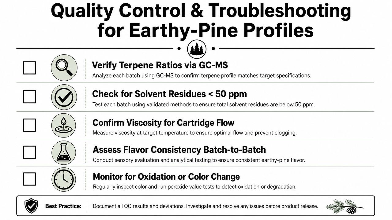 A quality control checklist for earthy-pine terpene profiles, including testing for ratios, solvents, viscosity, and oxidation.