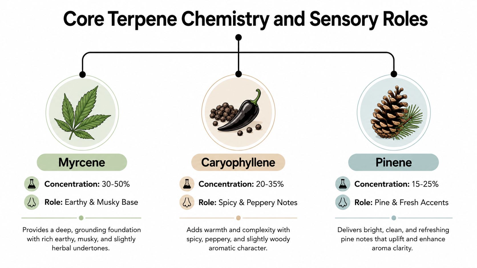 An infographic showing the core terpene chemistry and sensory roles of Myrcene, Caryophyllene, and Pinene.