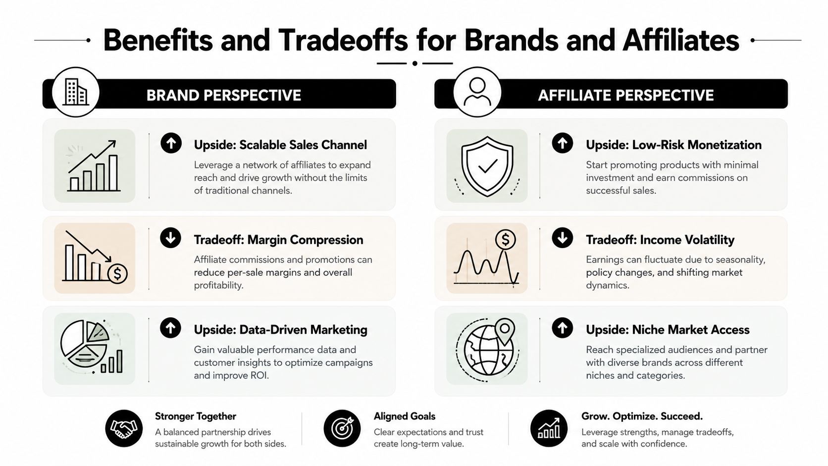 A comparison chart highlighting the benefits and tradeoffs of affiliate partnerships for both brands and affiliates.