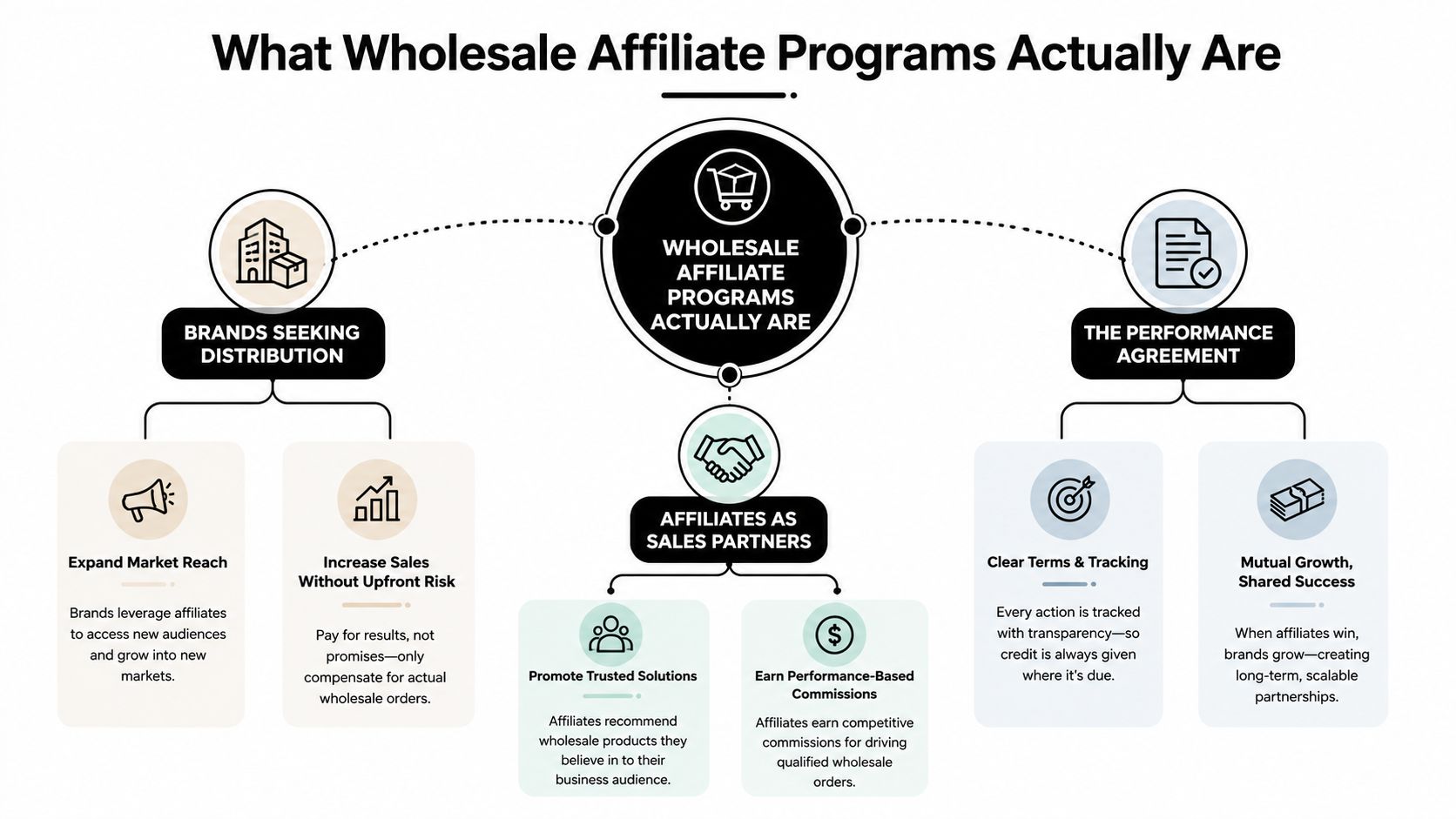 A diagram explaining wholesale affiliate programs through three key components: brands, sales partners, and performance agreements.