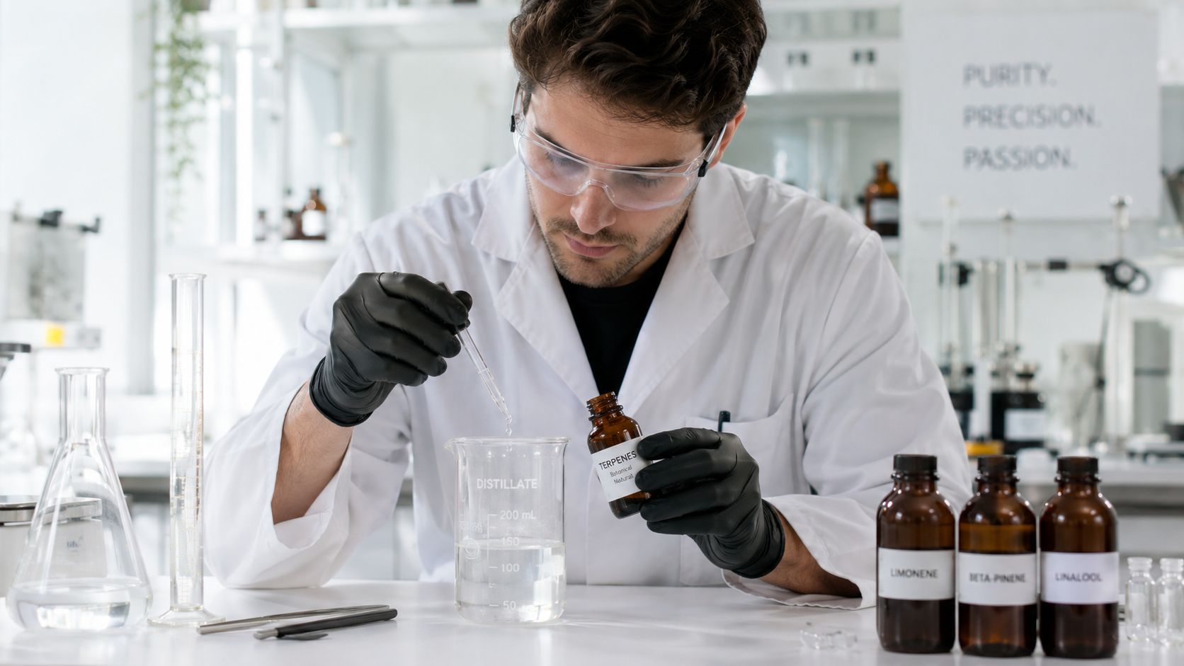 A professional chemist in a laboratory wearing protective gear while carefully dropping terpenes into a beaker.