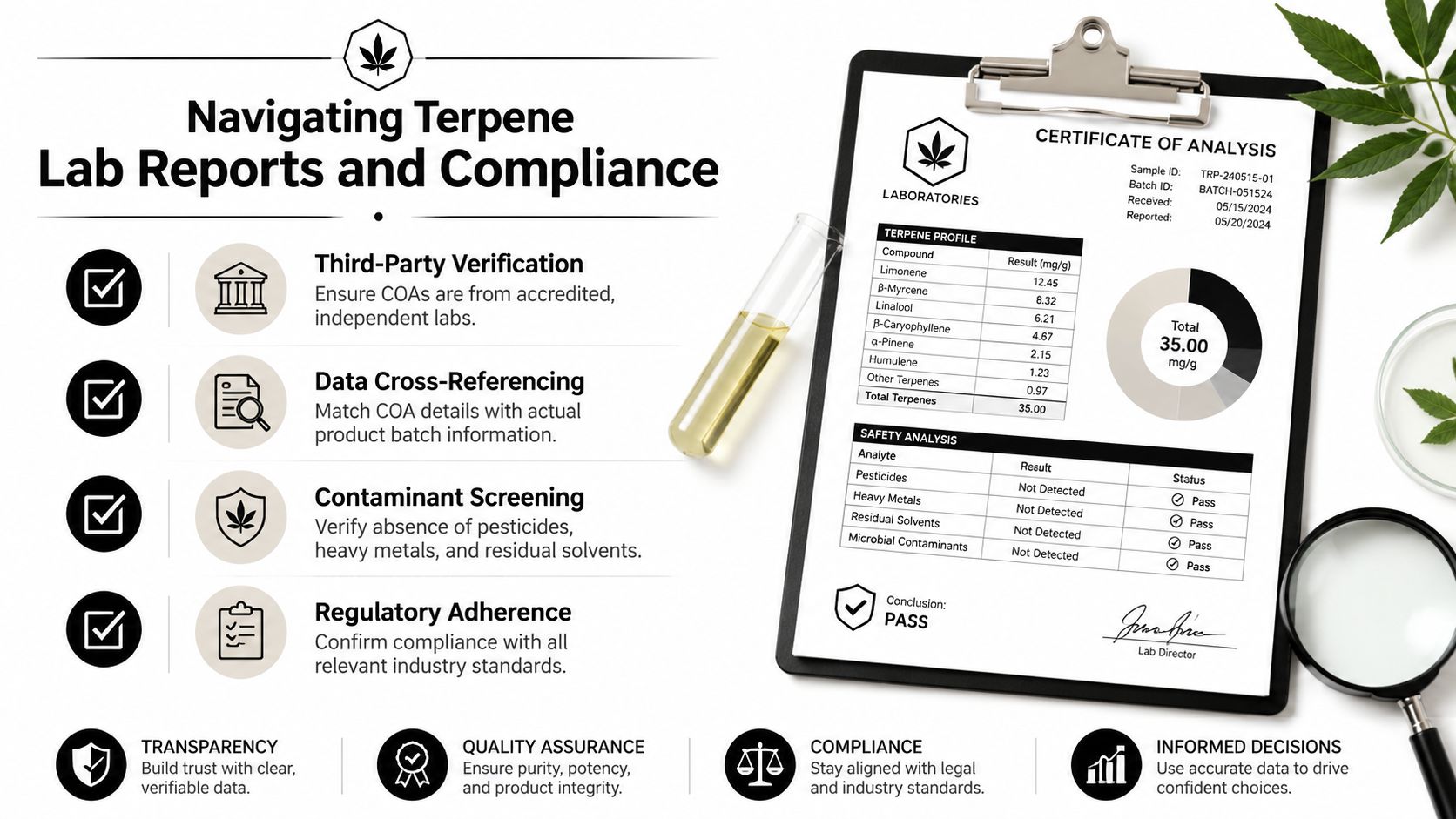 An infographic showing how to read a certificate of analysis for terpene lab reports and compliance.