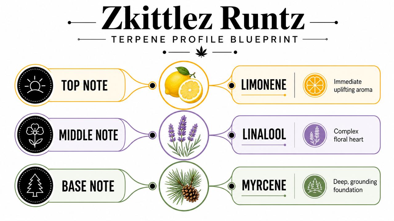 An infographic detailing the terpene profile blueprint of the Zkittlez Runtz cannabis strain featuring top, middle, and base notes.