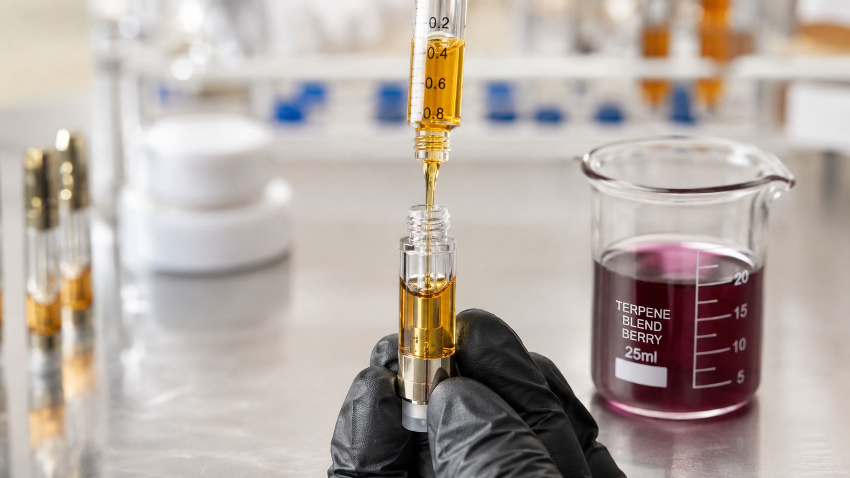 A gloved hand fills a cannabis vape cartridge with golden oil using a syringe in a laboratory.