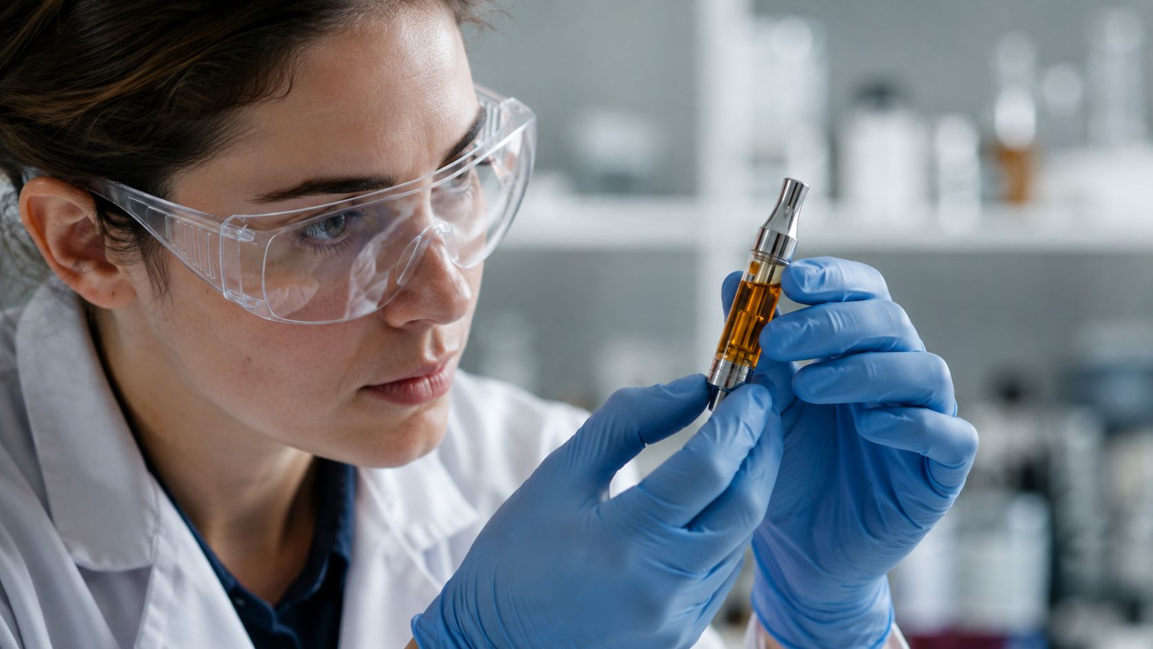 A scientist in a white coat and safety goggles examining a vape cartridge in a laboratory setting.