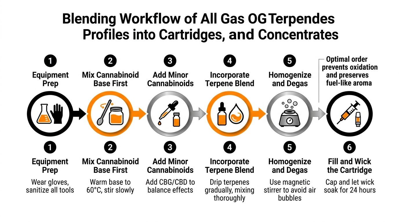 A six-step infographic detailing the workflow for blending cannabis terpene profiles into cartridges and concentrates.