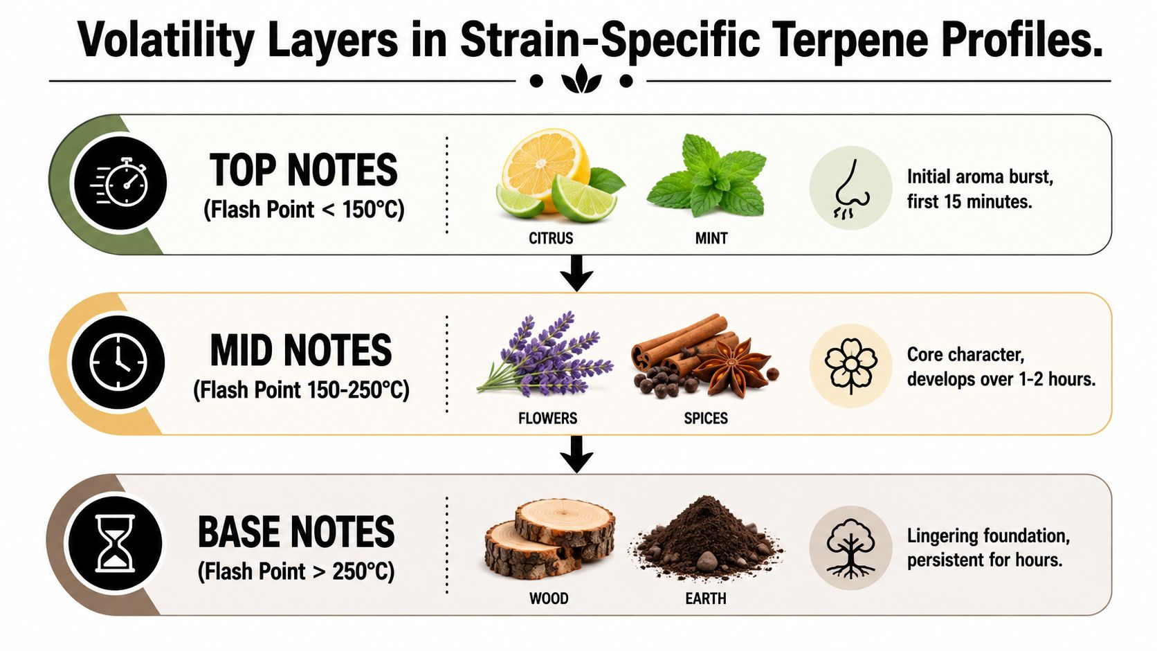 An infographic showing the three volatility layers of strain specific terpenes including top, mid, and base notes.
