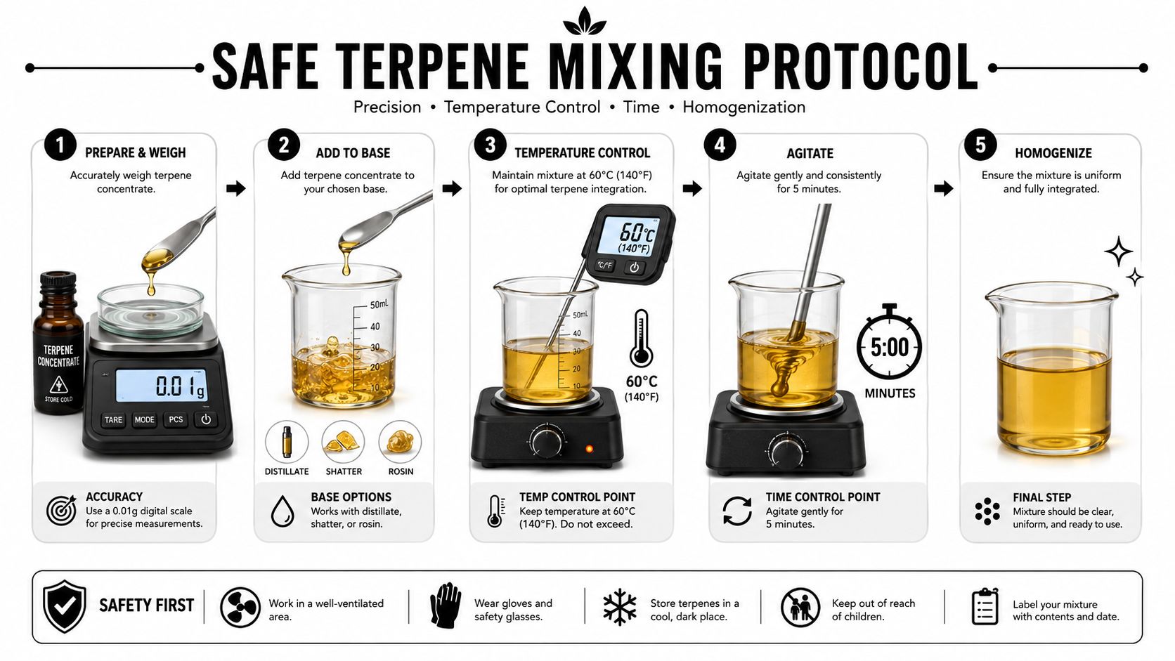 A step-by-step instructional infographic detailing the safe and precise protocol for mixing terpene concentrates into various bases.