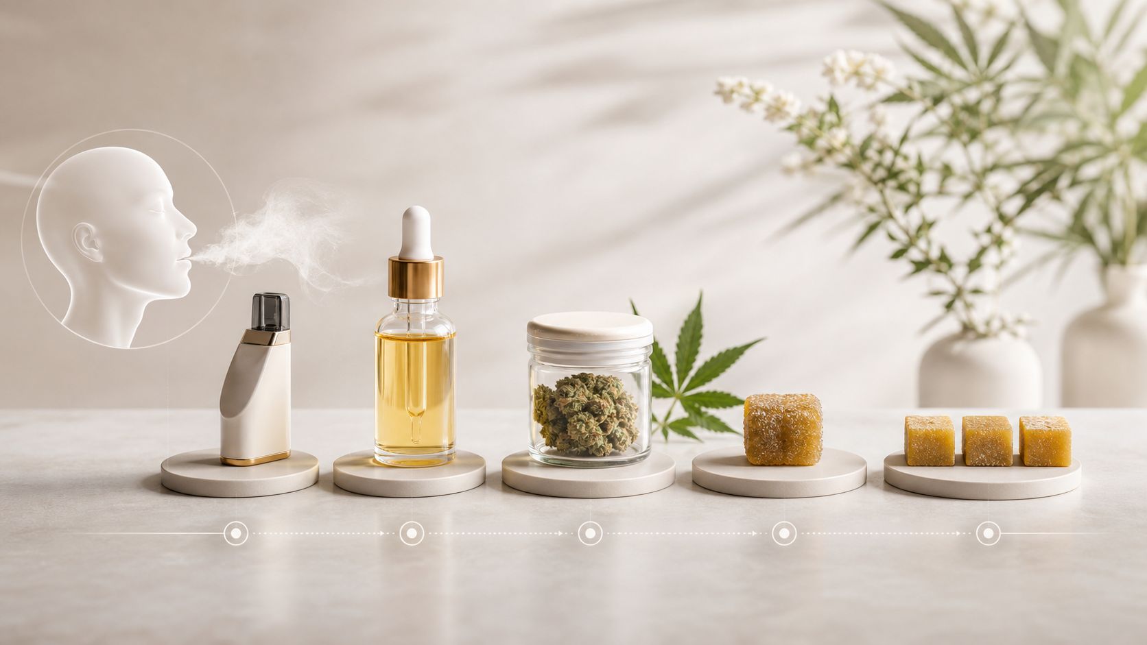 Various cannabis consumption products including a vaporizer, oil tincture, dried flower buds, and edible gummy cubes.