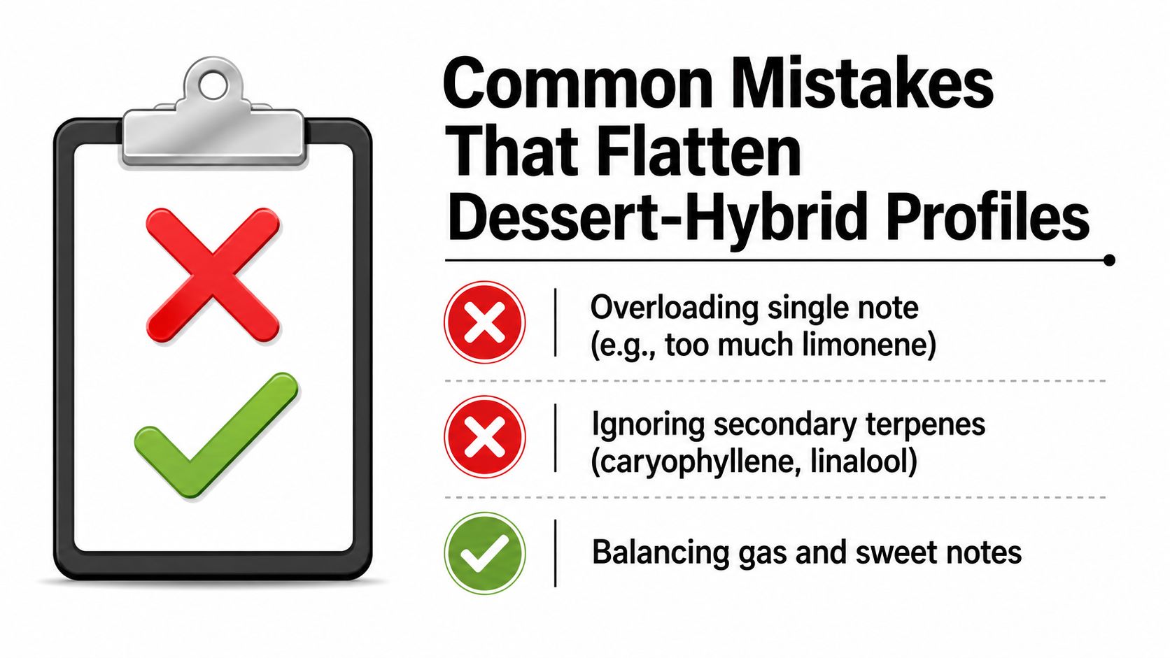 A checklist graphic outlining common mistakes that flatten the flavor profiles of dessert-hybrid cannabis strains.