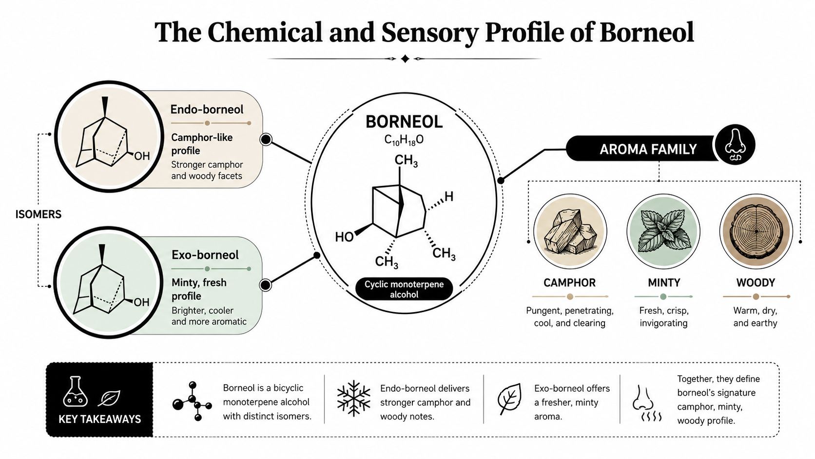 An infographic detailing the chemical structure, isomers, and sensory aroma profile of the terpene Borneol.