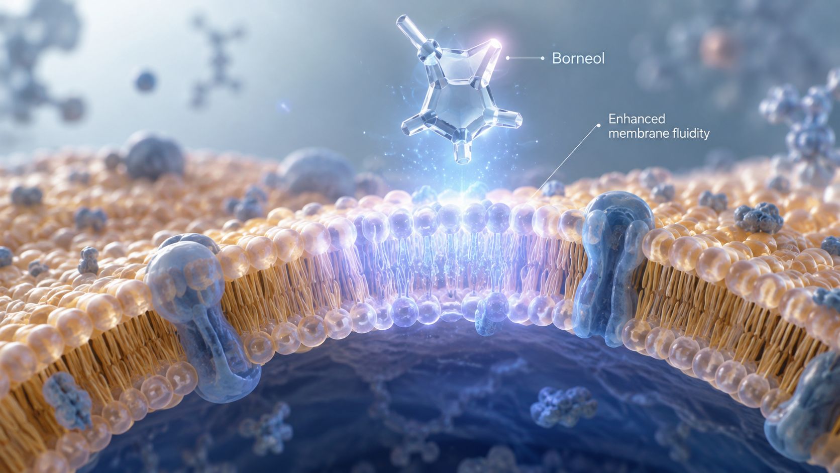 A 3D scientific visualization of a Borneol molecule interacting with a cell membrane to enhance fluidity.