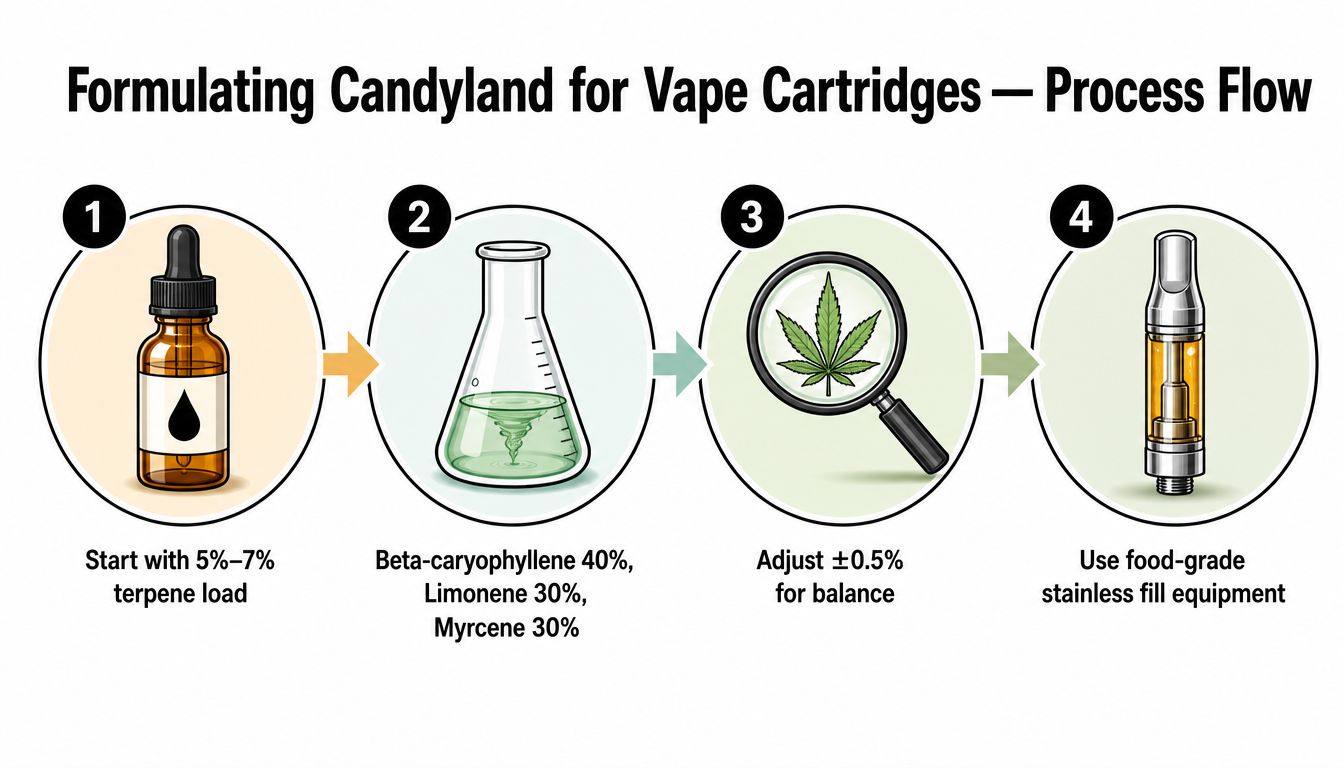 A process flow diagram showing the four steps to formulate Candyland strain for cannabis vape cartridges.