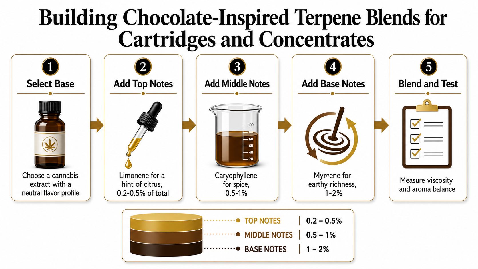 An infographic showing five steps for creating chocolate-inspired terpene blends for cannabis cartridges and concentrates.