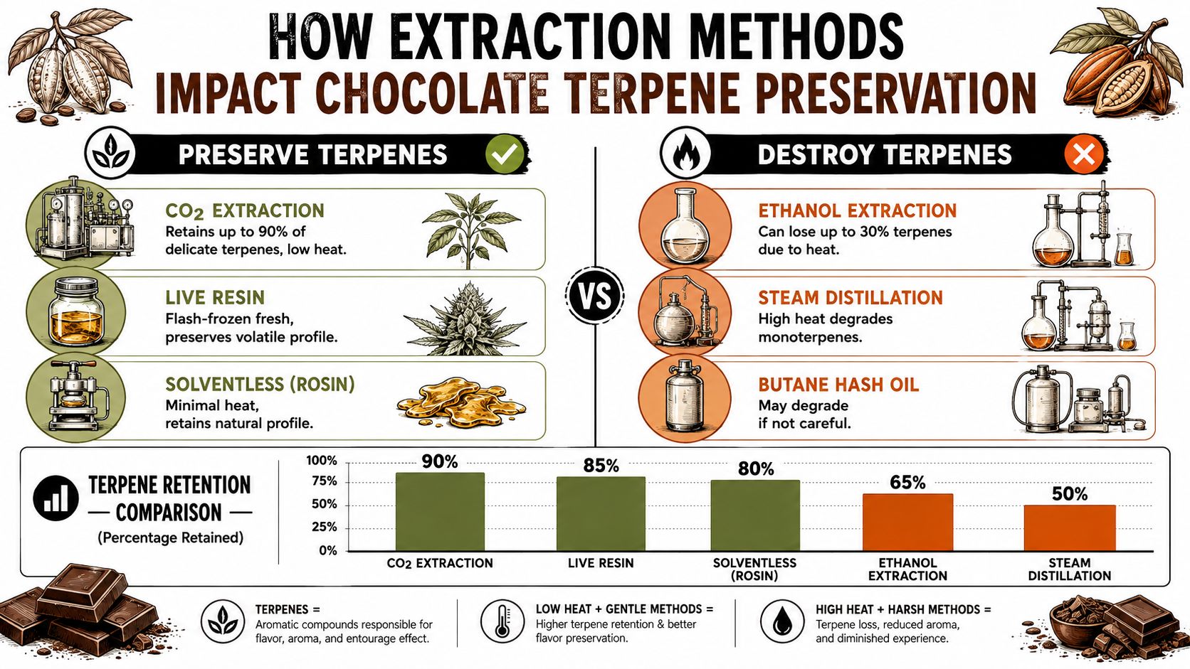 A comparison chart showing how different extraction methods impact terpene preservation in chocolate cannabis products.