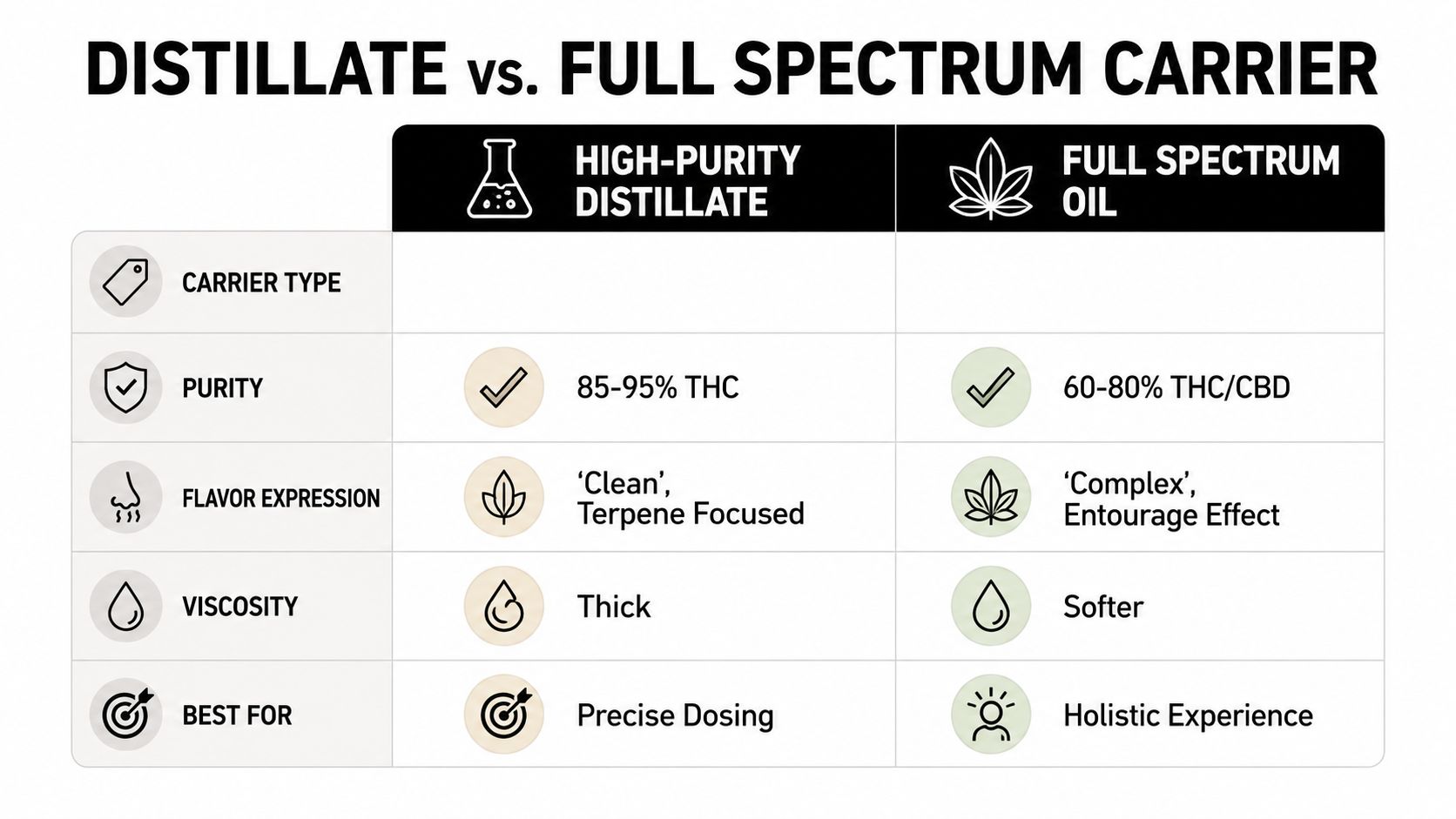 A comparison chart outlining the differences between High-Purity Distillate and Full Spectrum Oil for cannabis products.