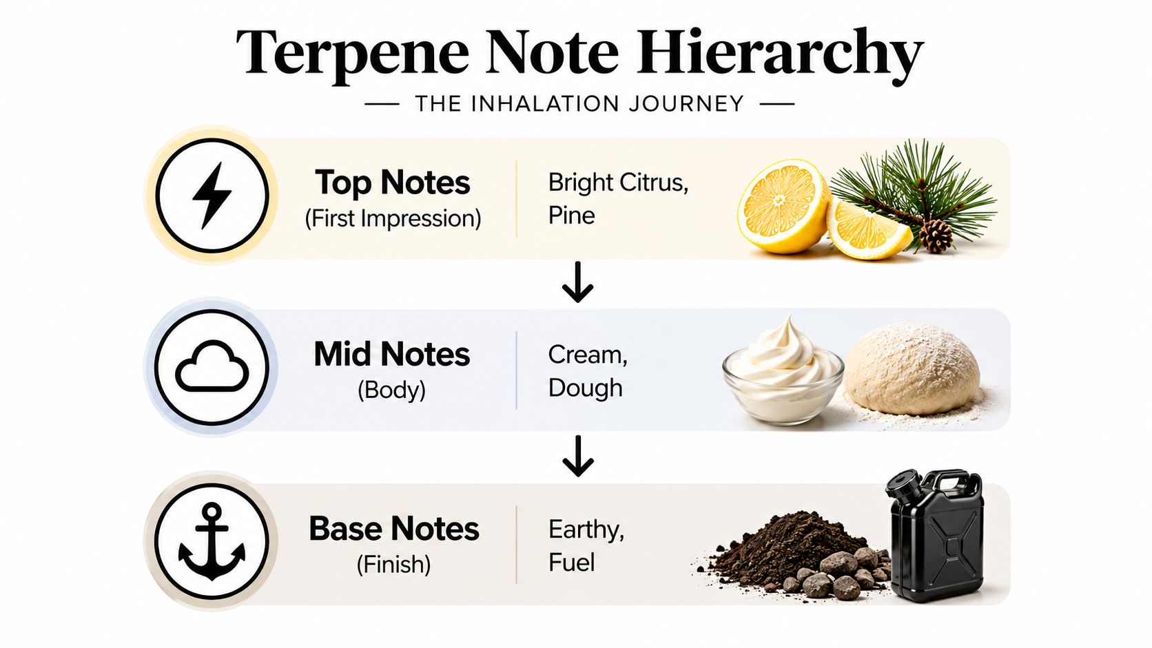 A hierarchy diagram titled Terpene Note Hierarchy explaining top, mid, and base notes for the inhalation journey.