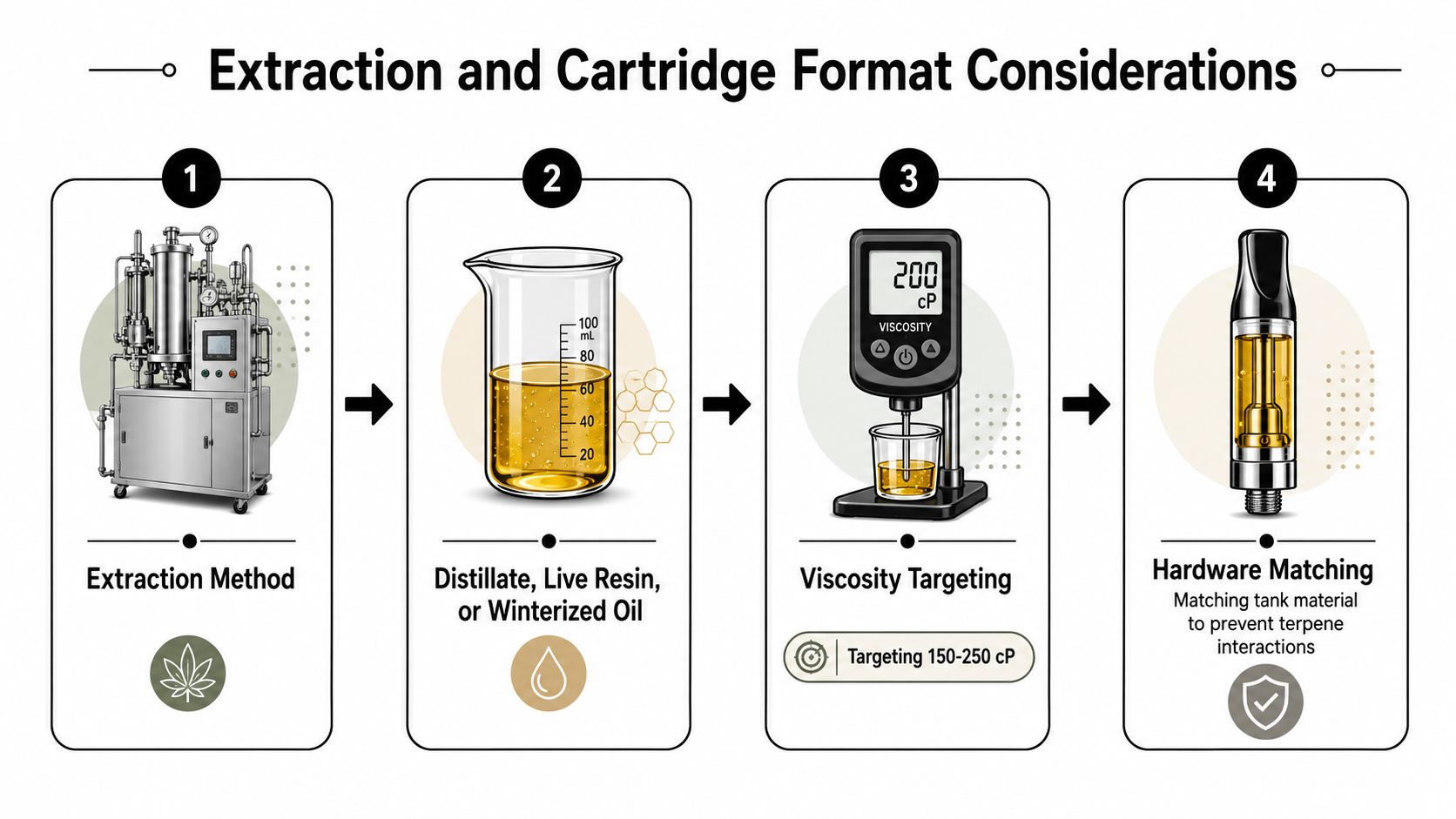 A four-step infographic illustrating the process of extraction, oil formulation, viscosity testing, and hardware matching for vape cartridges.