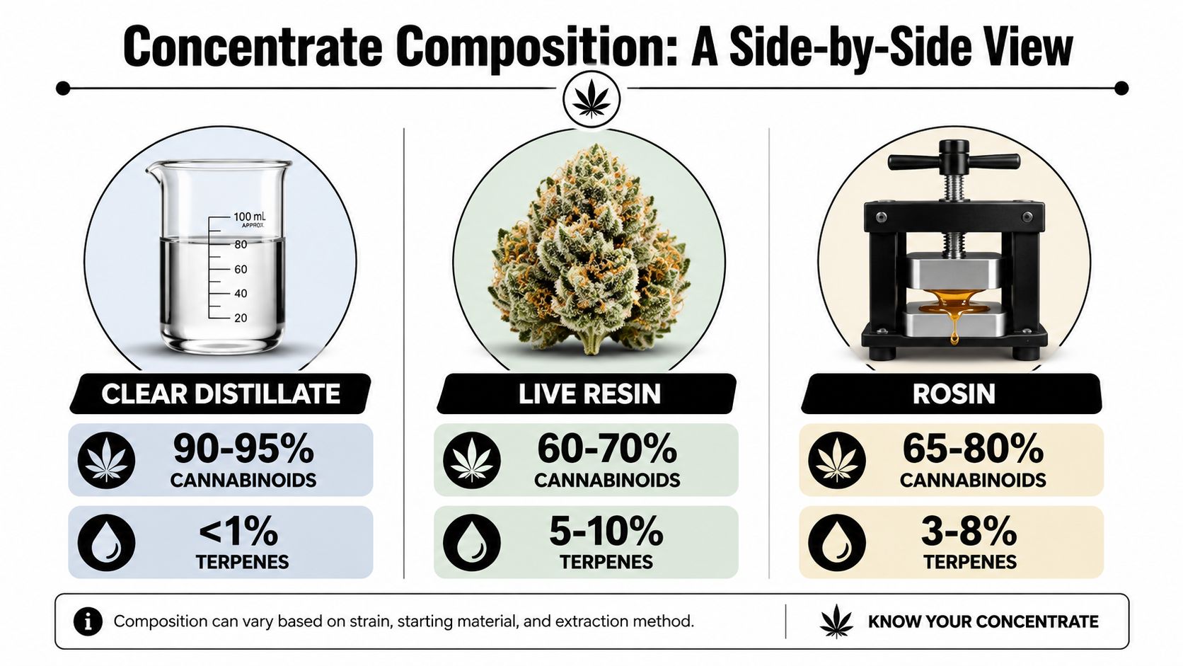 A comparison chart showing cannabinoid and terpene content percentages for clear distillate, live resin, and rosin concentrates.