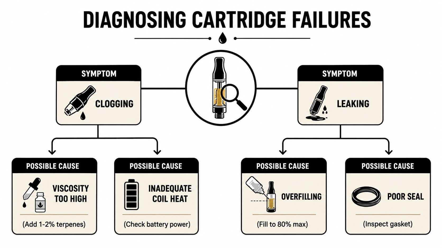 A diagnostic infographic explaining common causes for cartridge failures such as clogging and leaking for vape products.