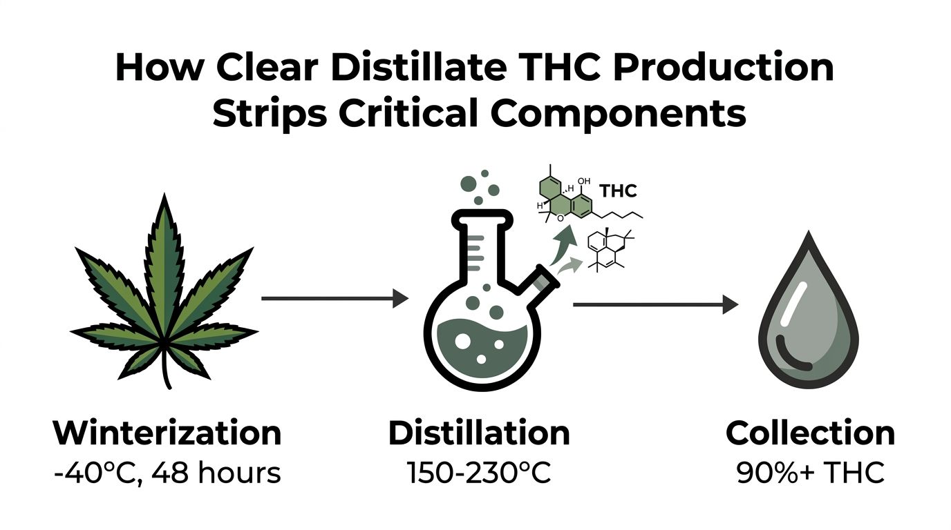A diagram illustrating the production process of clear THC distillate through winterization, distillation, and final collection.