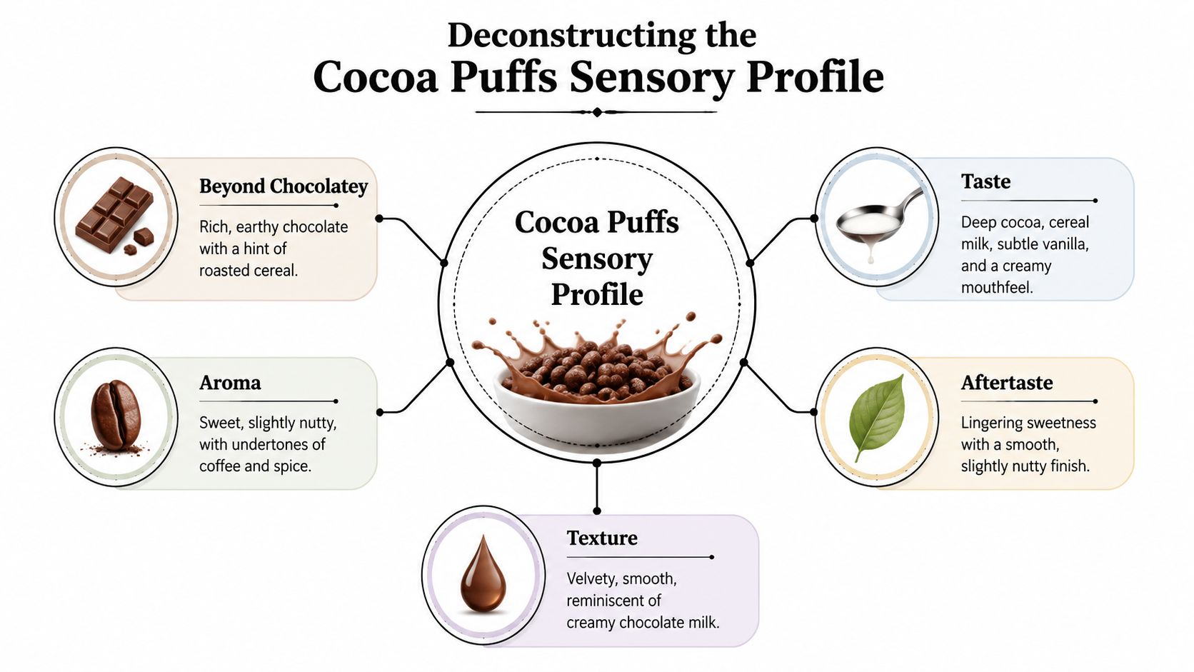 A sensory profile infographic detailing the flavor, aroma, texture, and aftertaste of Cocoa Puffs breakfast cereal.