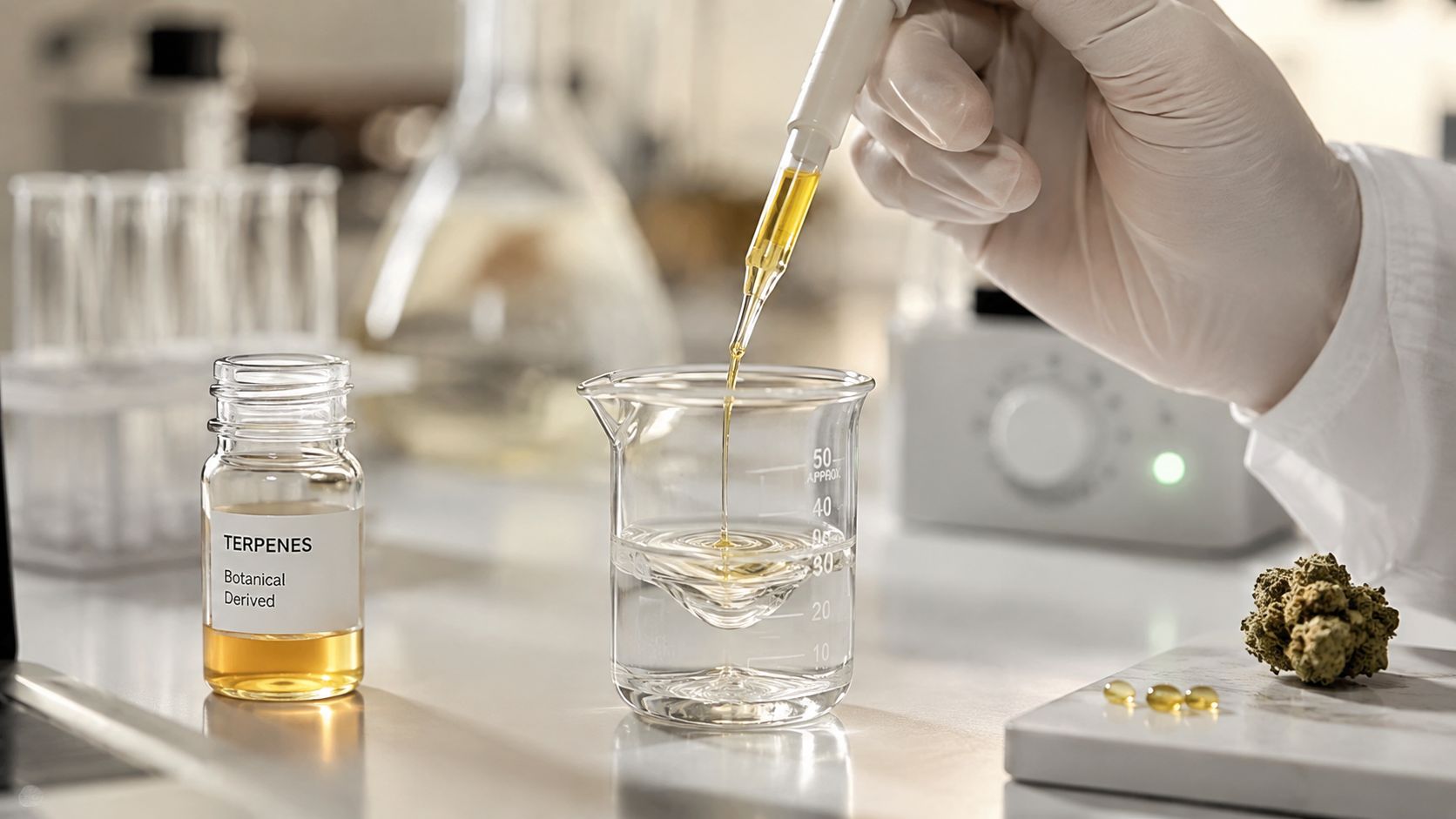 A scientist in a laboratory uses a pipette to add yellow botanical terpenes into a glass beaker.