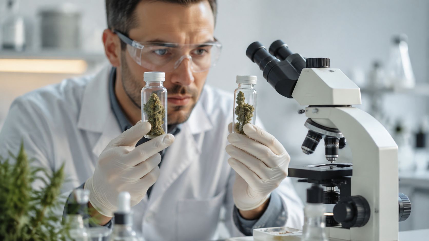 A scientist in a lab coat and safety goggles examines cannabis flower samples in small glass jars.